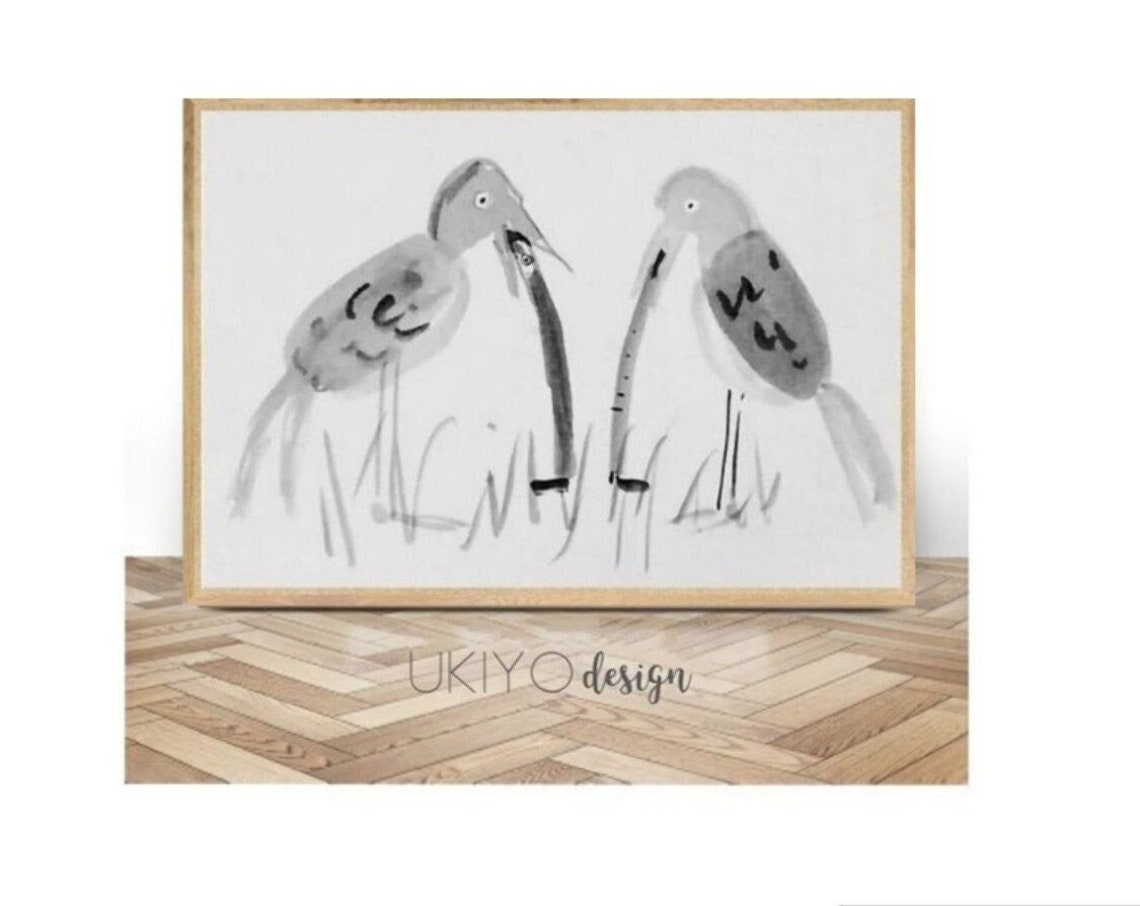 Funny Two Birds Sharing Long Worms Gray Ink Wash Humor Poster