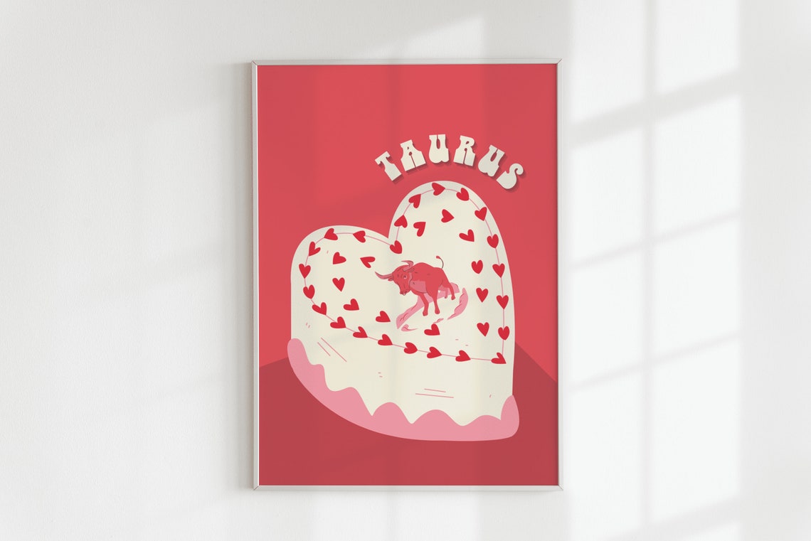Taurus Heart Cake Zodiac Birthday Red Cute Retro Astrology Wall Poster - Image 3