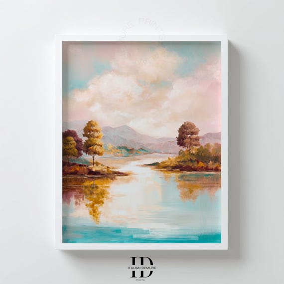 Pastel Lake Landscape Wall Art Serene Mountain Reflection Print Blush And Teal Decor Impressionist Painting Poster