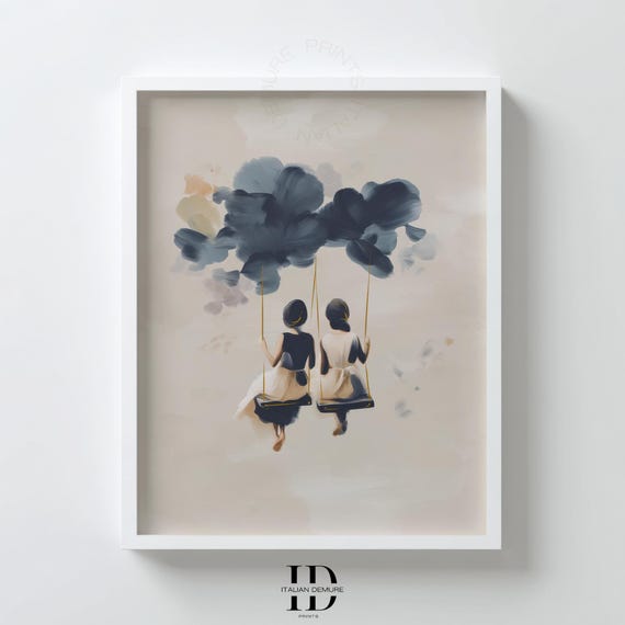 Girls On Swings Wall Art Whimsical Cloud Swing Print Dreamy Nursery Decor Minimalist Friendship Poster Artwork