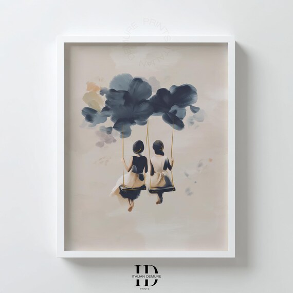Two Girls On Cloud Swings Dreamy Watercolor Nursery Art Print