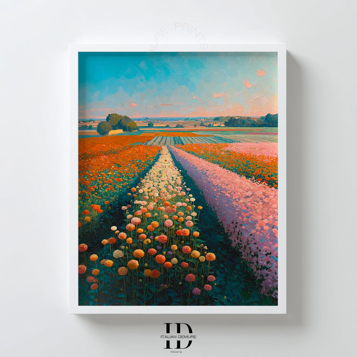 Colorful Impressionist Flower Field Landscape At Sunset Oil Painting Print