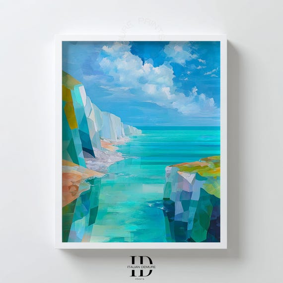 Cliffside Ocean Wall Art Turquoise Coastal Landscape Print Abstract Sea View Painting Modern Seaside Poster