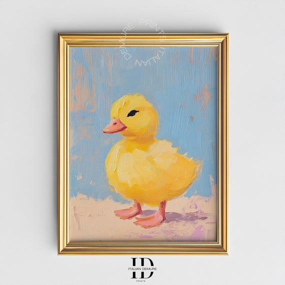 Cute Baby Duckling Wall Art Impressionist Yellow Duck Painting Farmhouse Animal Print Whimsical Nursery