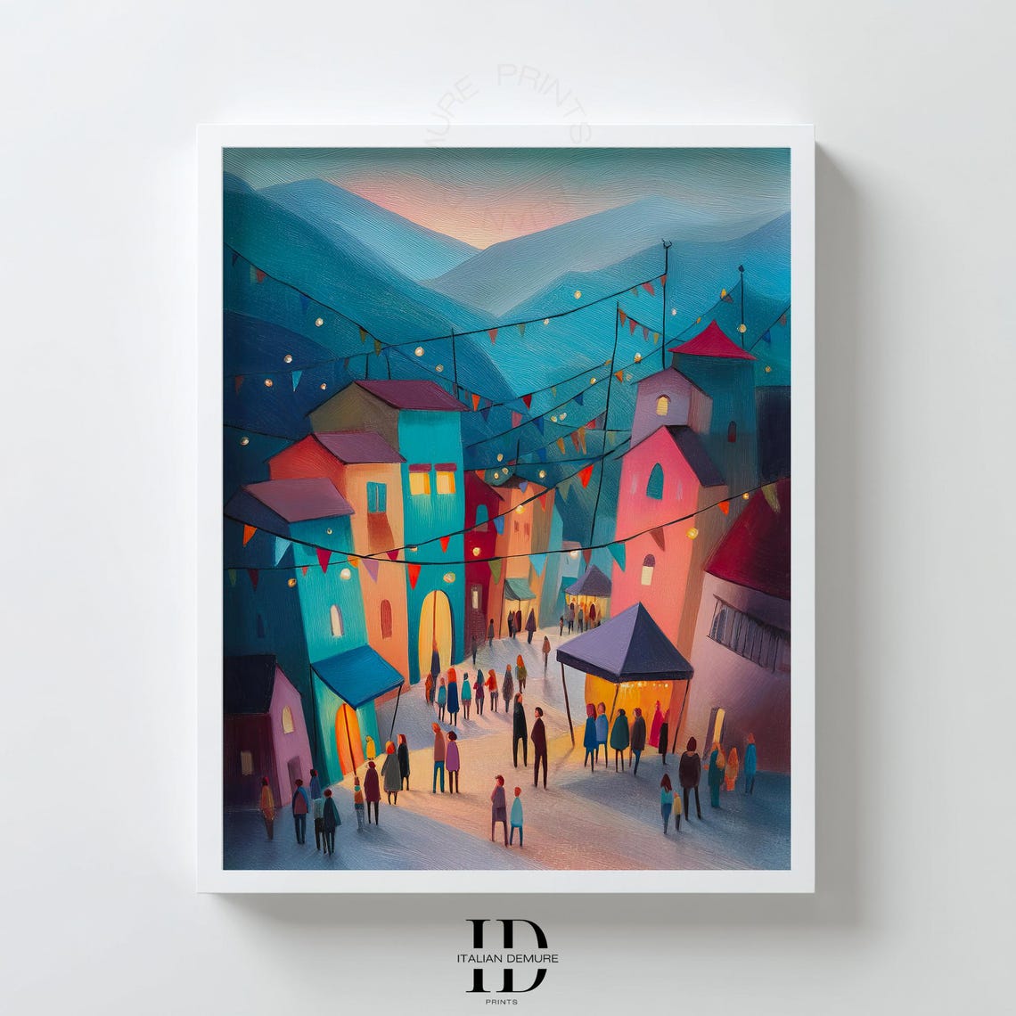 Italian Village Festival Wall Art Colorful Market Night Scene Print Blue And Coral Street Illustration Poster