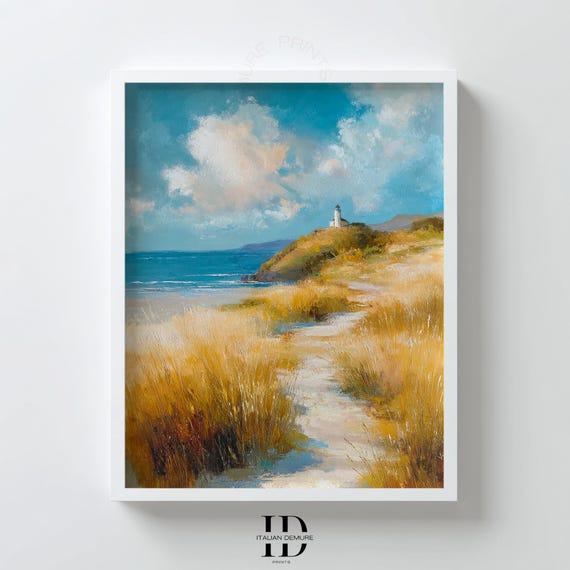 Coastal Lighthouse Wall Art Seaside Pathway Painting Print Ocean Beach Landscape Nautical Home Decor Poster