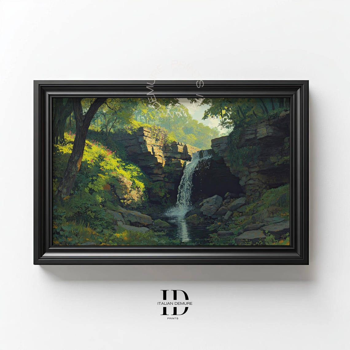 Serene Forest Waterfall Cascading Stream Lush Green Nature Poster