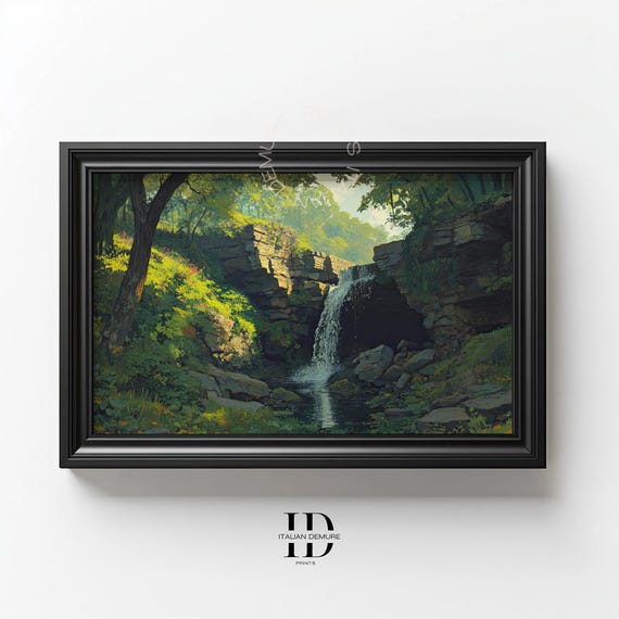 Serene Waterfall Landscape Print Tranquil Nature Wall Art Lush Greenery Flowing Stream Rustic Home Decor