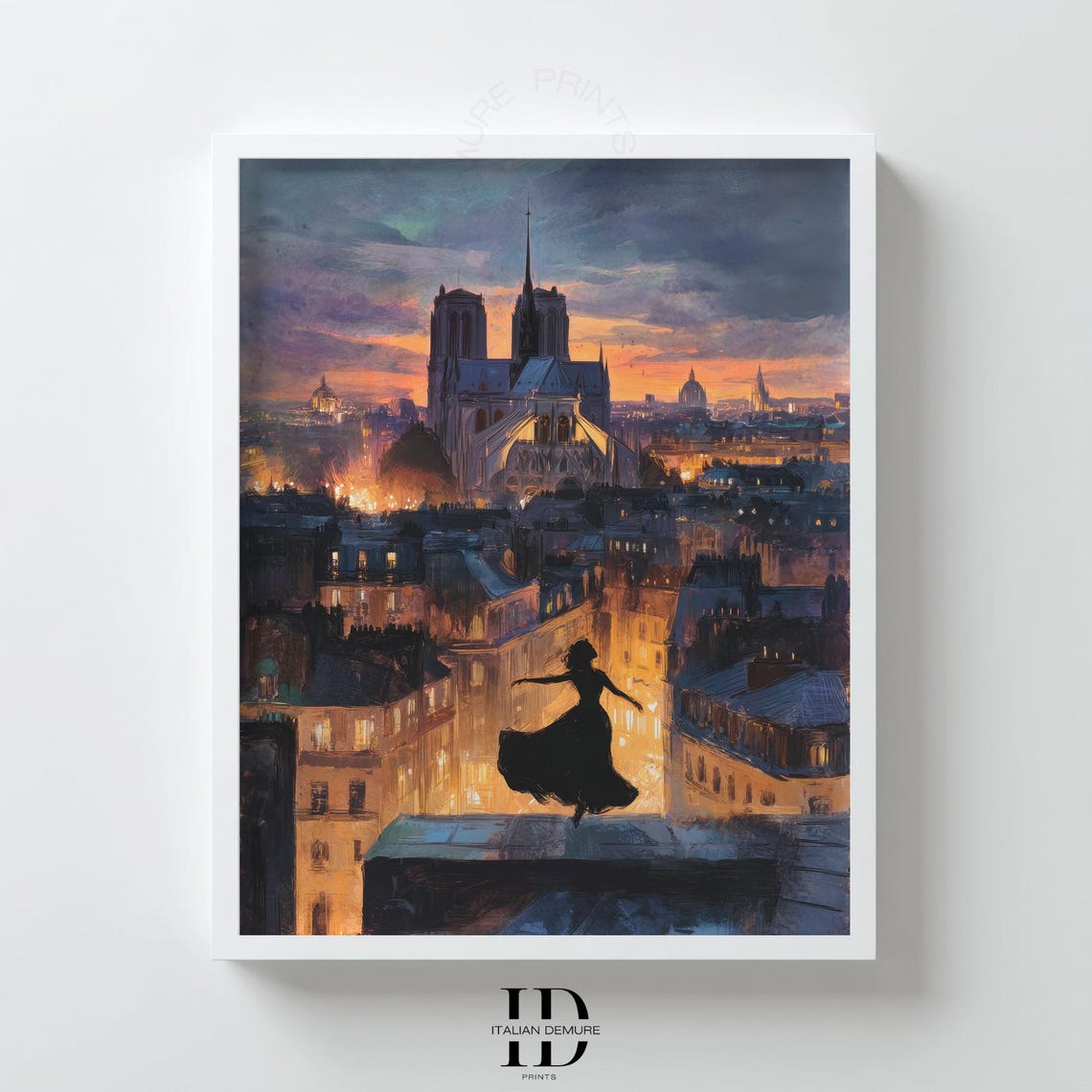 Paris Notre Dame Cathedral Dusk Rooftop Dancer Silhouette Art Poster