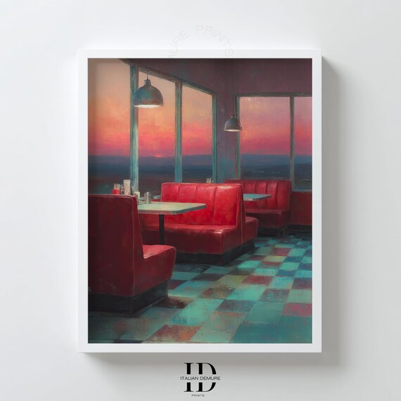 Retro Diner Wall Art Vintage Sunset Booth Print Red Vinyl Restaurant Poster Americana Interior Decor Artwork