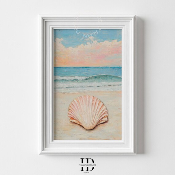 Scallop Shell on a Pastel Beach Ocean Wave Coastal Oil Painting Poster