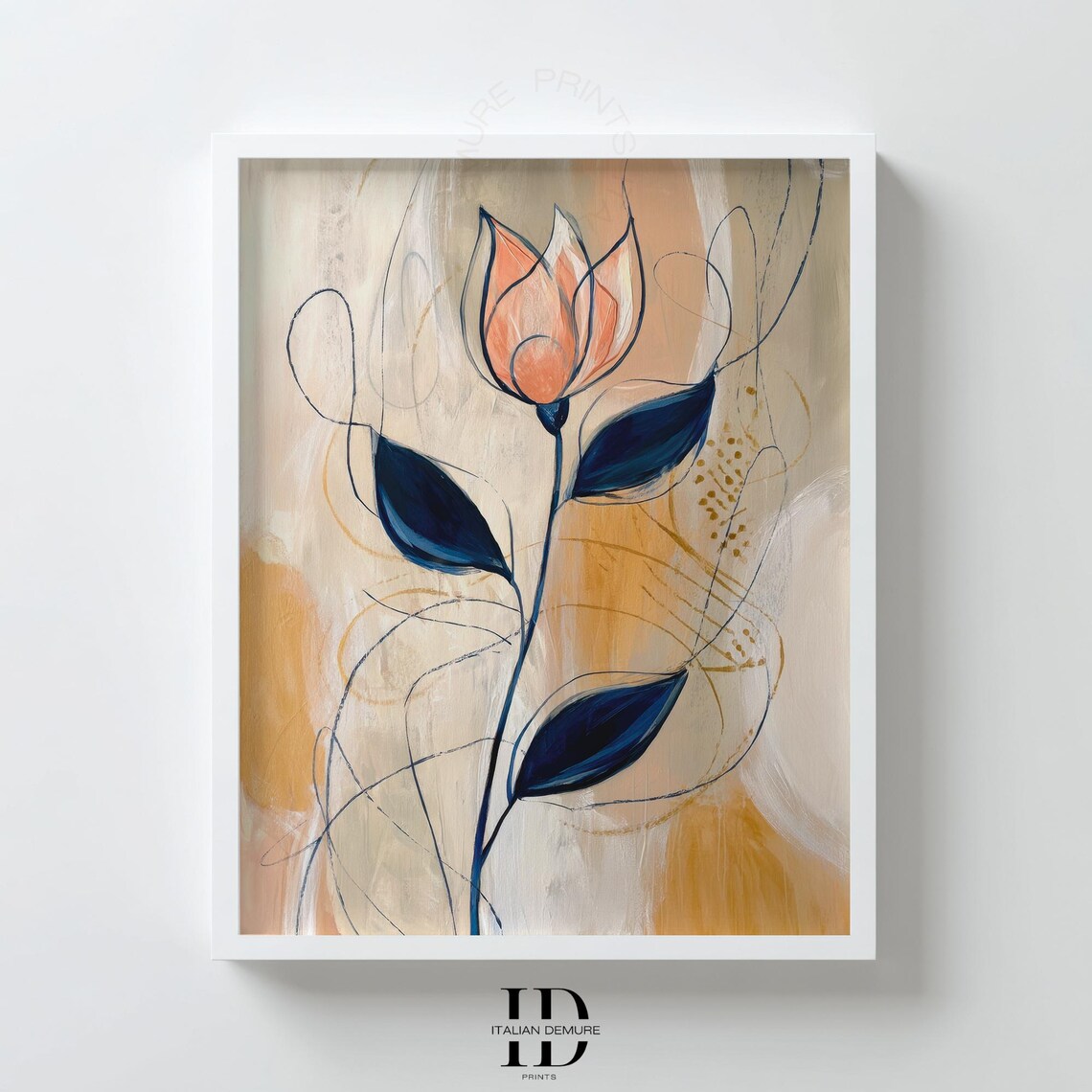 Abstract Line Art Flower Modern Peach And Navy Floral Wall Pastel Botanical Illustration Minimalist Bloom Decor