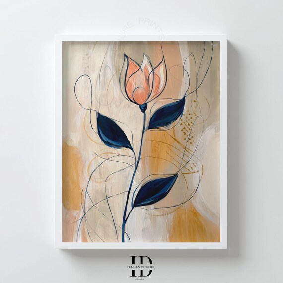 Abstract Line Art Flower Modern Peach And Navy Floral Wall Pastel Botanical Illustration Minimalist Bloom Decor