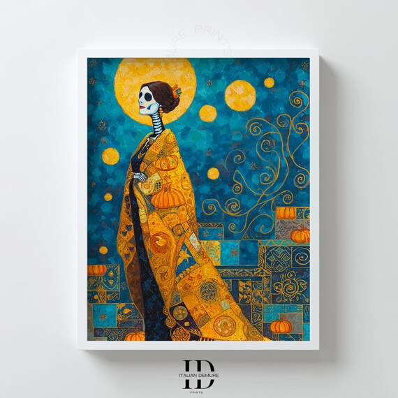 Skeleton Lady Art Nouveau Print Klimt Inspired Blue And Gold Halloween Wall Gothic Pumpkin Moon Portrait Poster