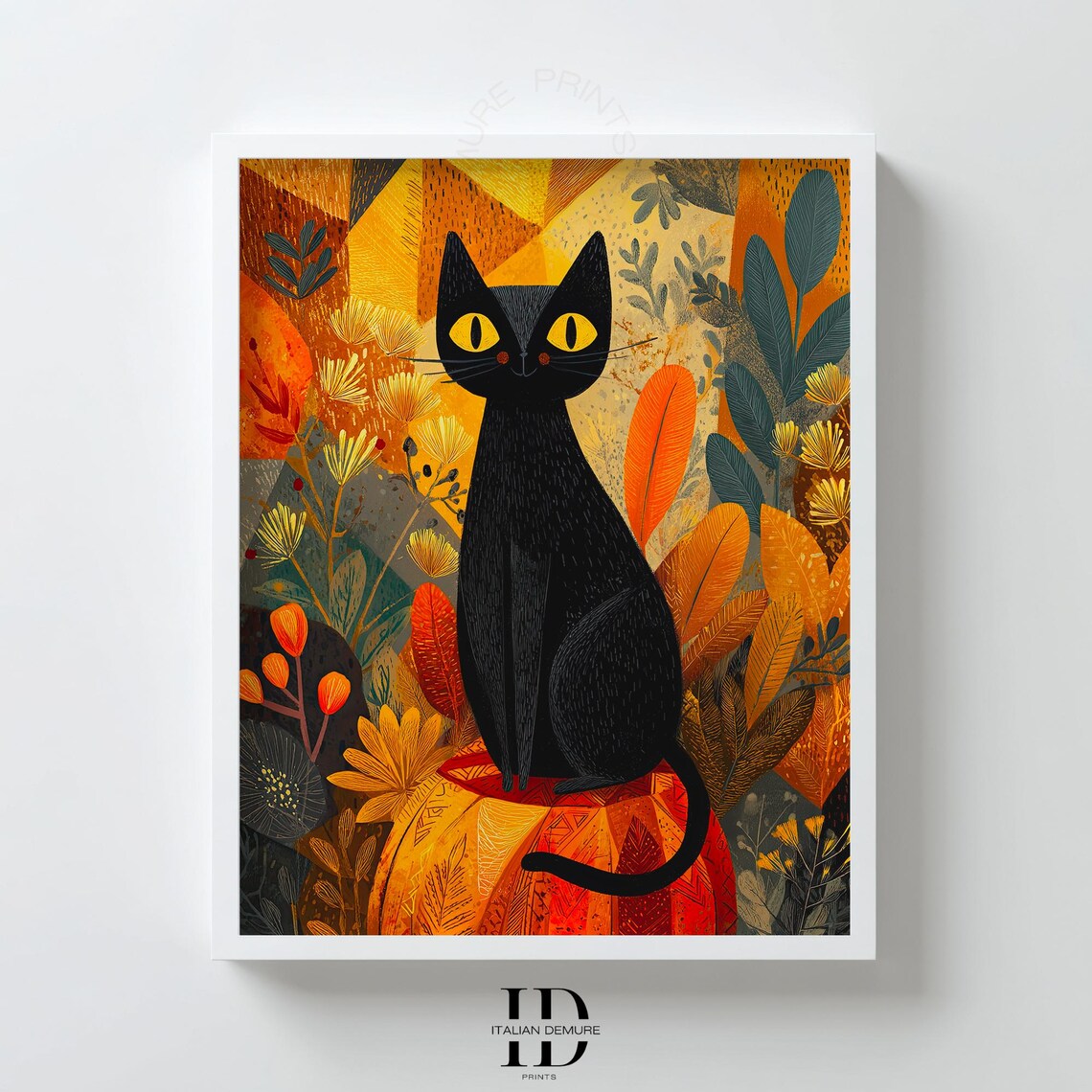 Black Cat Autumn Folk Art Whimsical Halloween Pumpkin Illustration Poster
