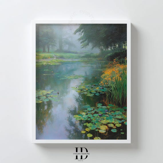 Lily Pond Landscape Print Monet Style Water Garden Art Misty Nature Wall Decor Serene Green Botanical Poster
