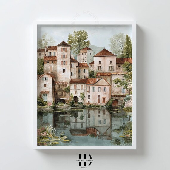 Rustic Italian Village by the Lake Reflection Watercolor Art Poster
