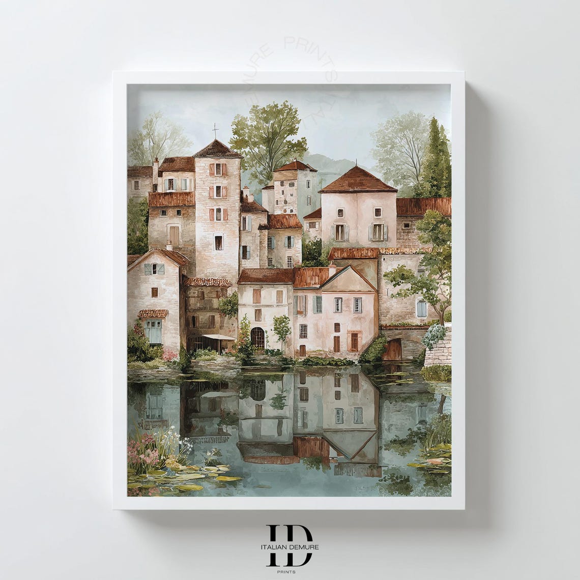 Rustic Italian Village by the Lake Reflection Watercolor Art Poster