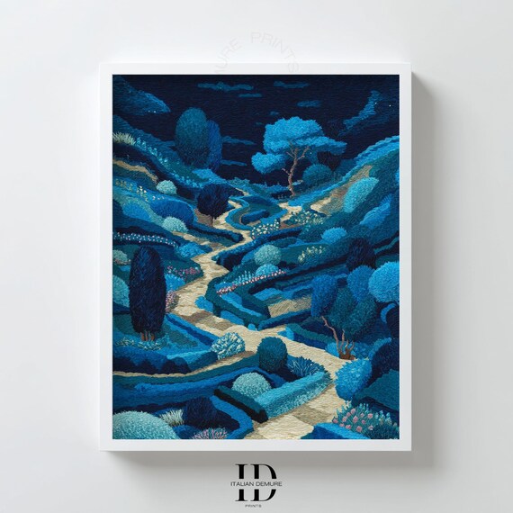 Midnight Blue Night Garden Winding Path Embroidered Style Landscape Poster