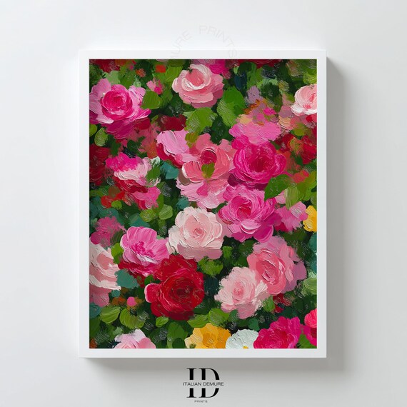 Pink Rose Garden Wall Art Impressionist Floral Print Romantic Flower Canvas Colorful Botanical Painting Bedroom Decor