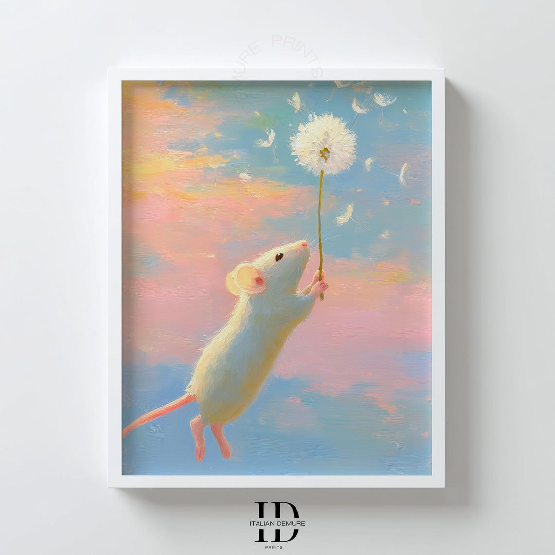 Cute White Mouse Holding Dandelion Whimsical Pastel Nursery Wall Art