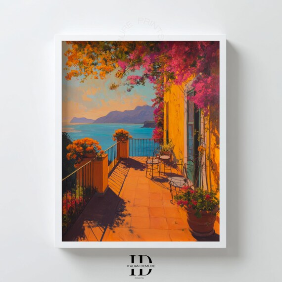 Mediterranean Terrace Ocean View Italian Balcony Sunset Blooms Poster