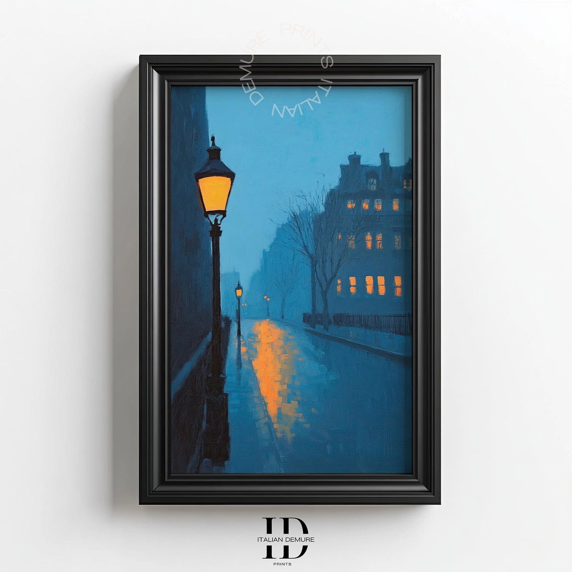 Rainy City Street Night Moody Blue Lamps Wet Reflections Print