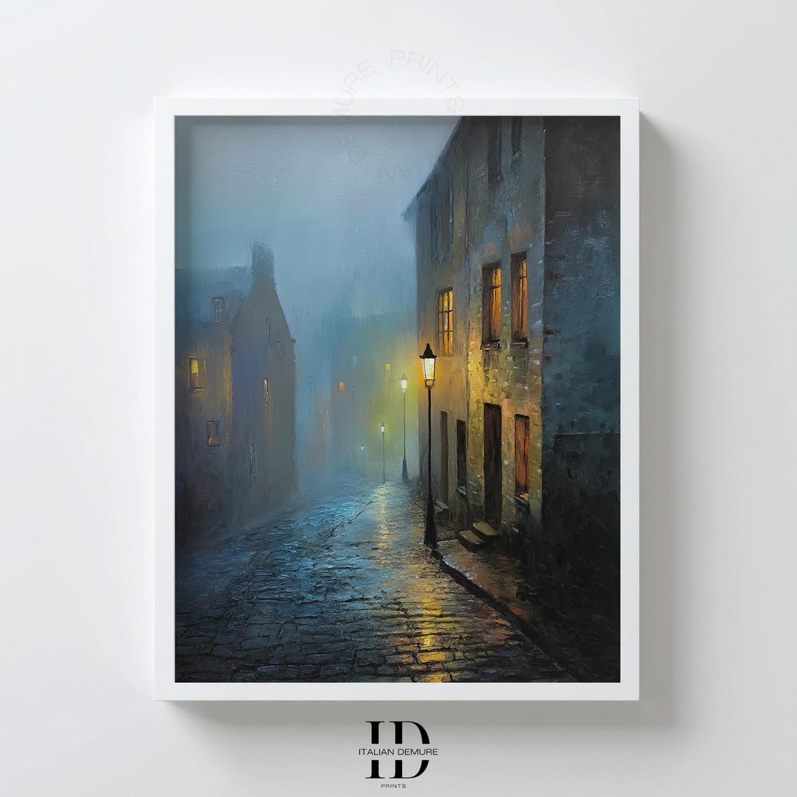 Foggy Street Wall Art Moody City Night Print Romantic Urban Landscape Painting Rainy Alley Poster Vintage Streetlamp