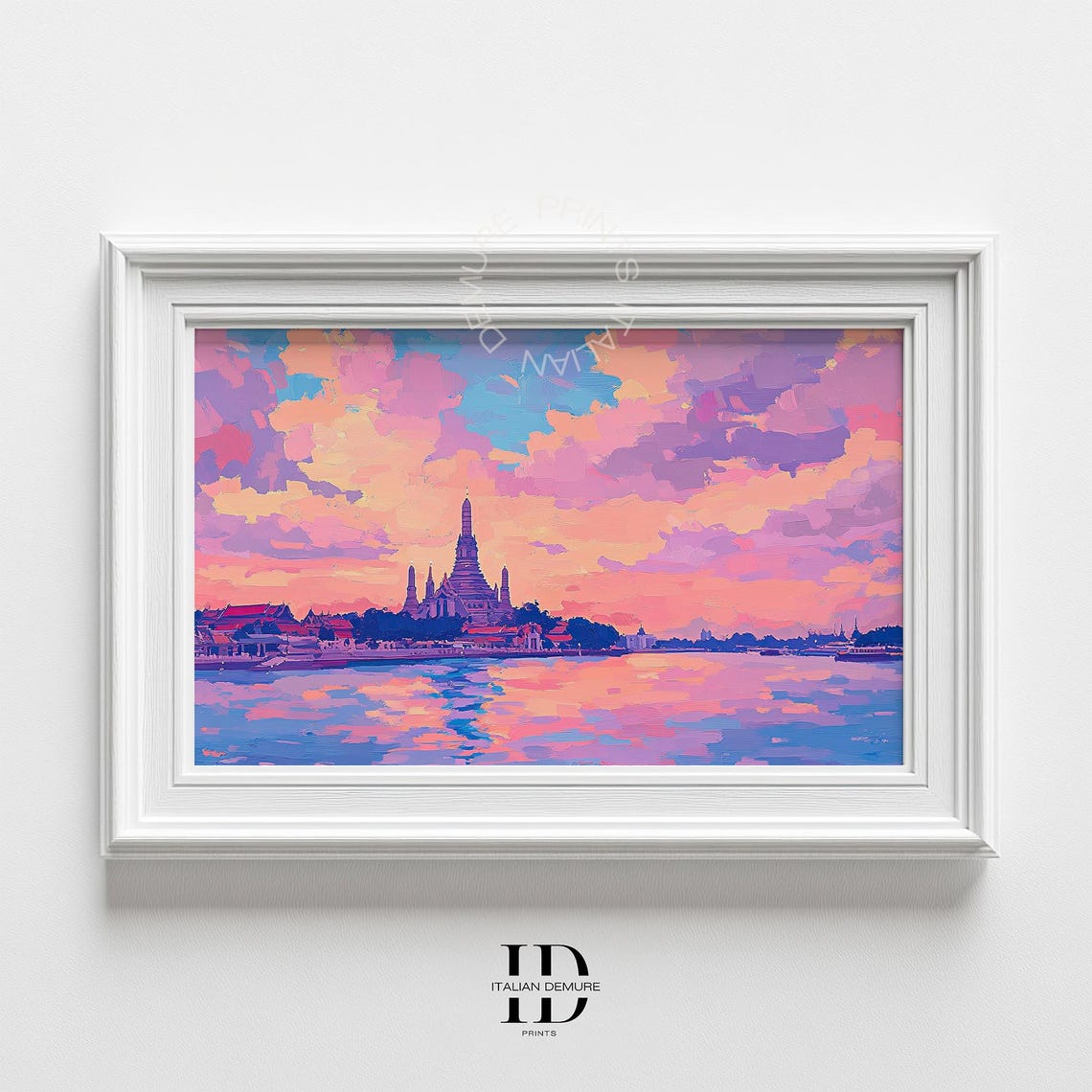 Wat Arun Bangkok Sunset Temple Riverside Pink Impressionist Poster