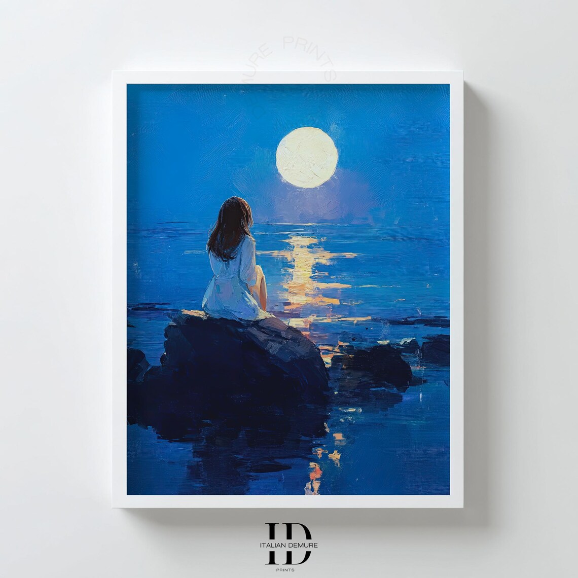 Girl on Rock Full Moon Ocean Night Romantic Coastal Art Print