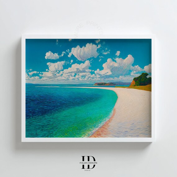 Turquoise Beach Curved White Sand Coastal Landscape Painting Poster