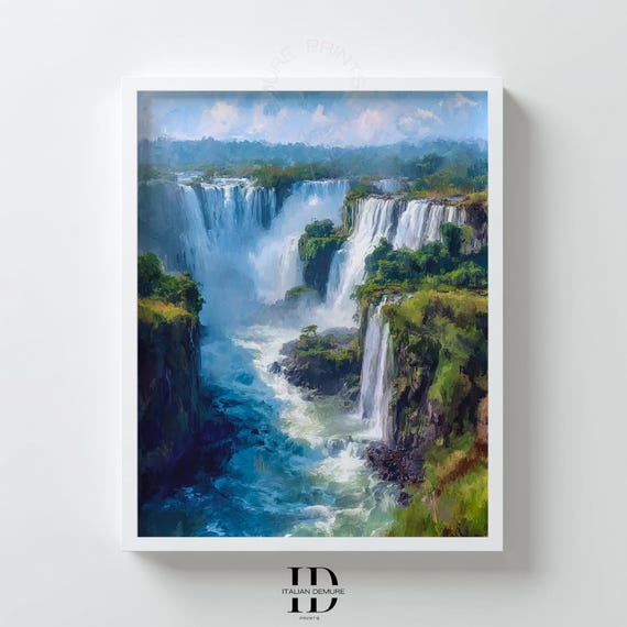 Waterfall Wall Art Majestic Nature Landscape Painting Blue Green River Poster For Living Room Decor