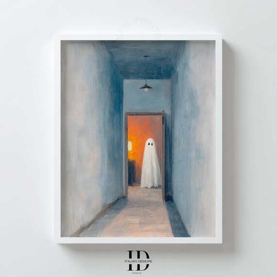 Blue Hallway Art Minimalist Surreal Print Warm Orange Doorway Painting Moody Modern Wall Decor Poster