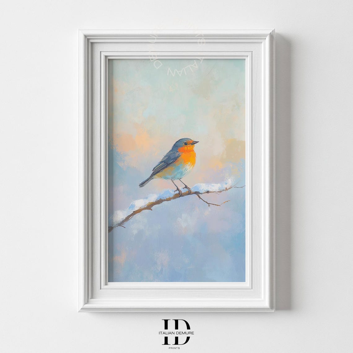 Charming Winter Robin Bird Pastel Snowy Branch Nature Art Poster