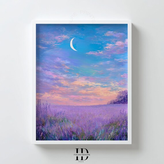 Lavender Field Wall Art Dreamy Sunset Landscape Print Pastel Sky With Moon Impressionist Painting Purple Nature Poster