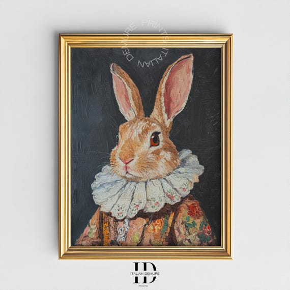 Renaissance Bunny Portrait In Ruffled Collar Whimsical Vintage Rabbit Wall Art Oil Texture Animal Print For Elegant Home Decor