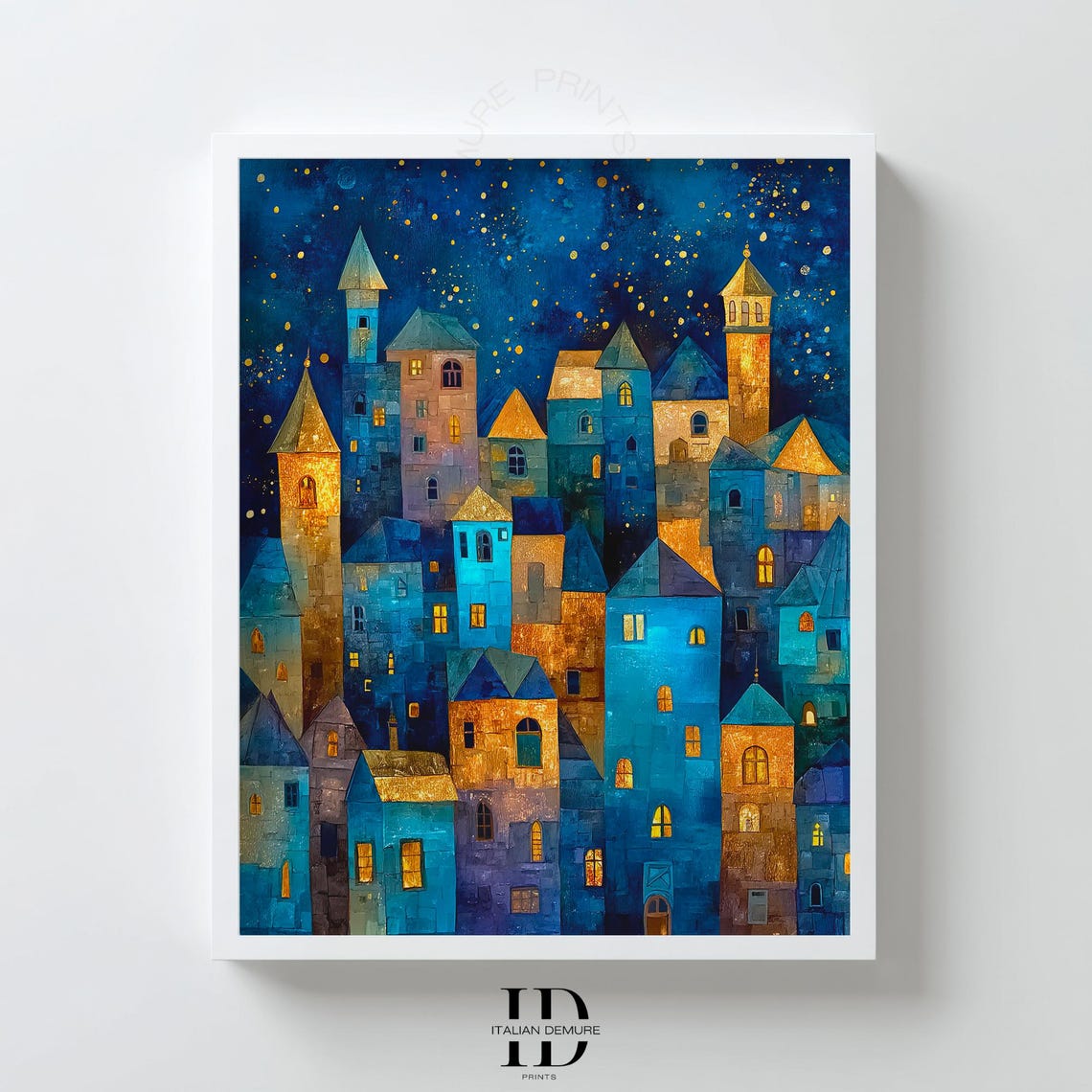 Starry Night Whimsical Blue Golden Town Village Cityscape Poster