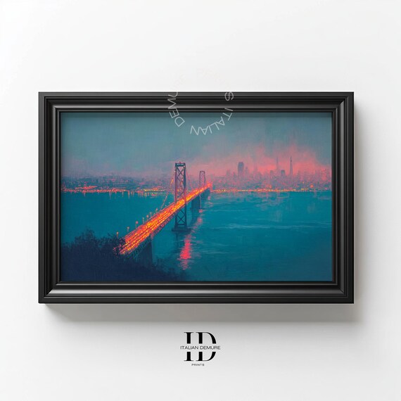 San Francisco Bay Bridge At Dusk Neon City Lights Urban Skyline Nightscape Modern Wall Art Decor Oil Paint