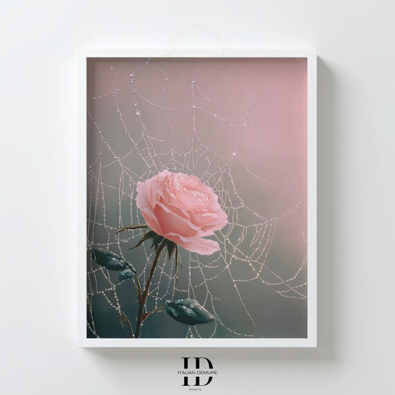 Pink Rose With Dew On Spider Web Romantic Botanical Print Soft Pastel Wall Art Minimalist Floral Decor Bedroom Poster