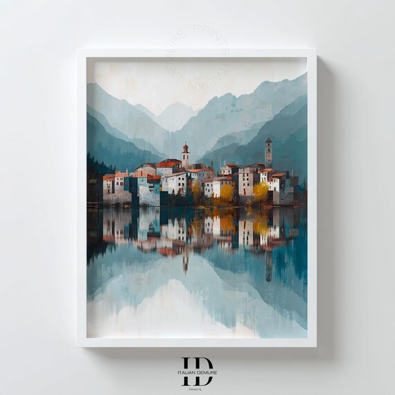 Italian Lakeside Village Wall Art Rustic Mountain Landscape Print Autumn Lake Reflection Poster Watercolor Decor