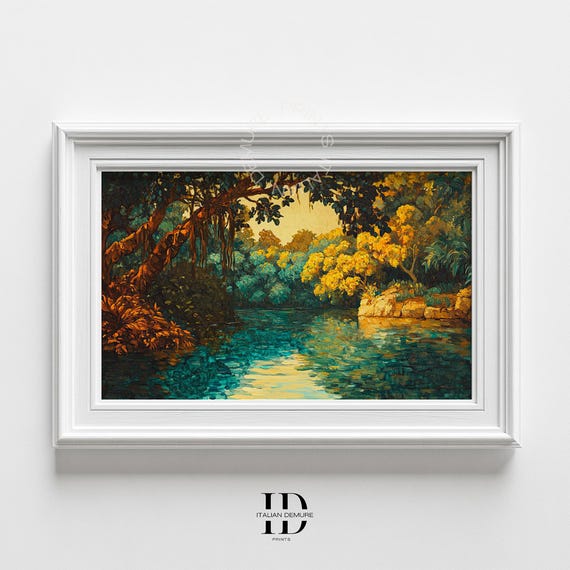 Serene Jungle River Wall Art Landscape Painting Tropical Nature Print For Home Office Dcor Instant Artwork