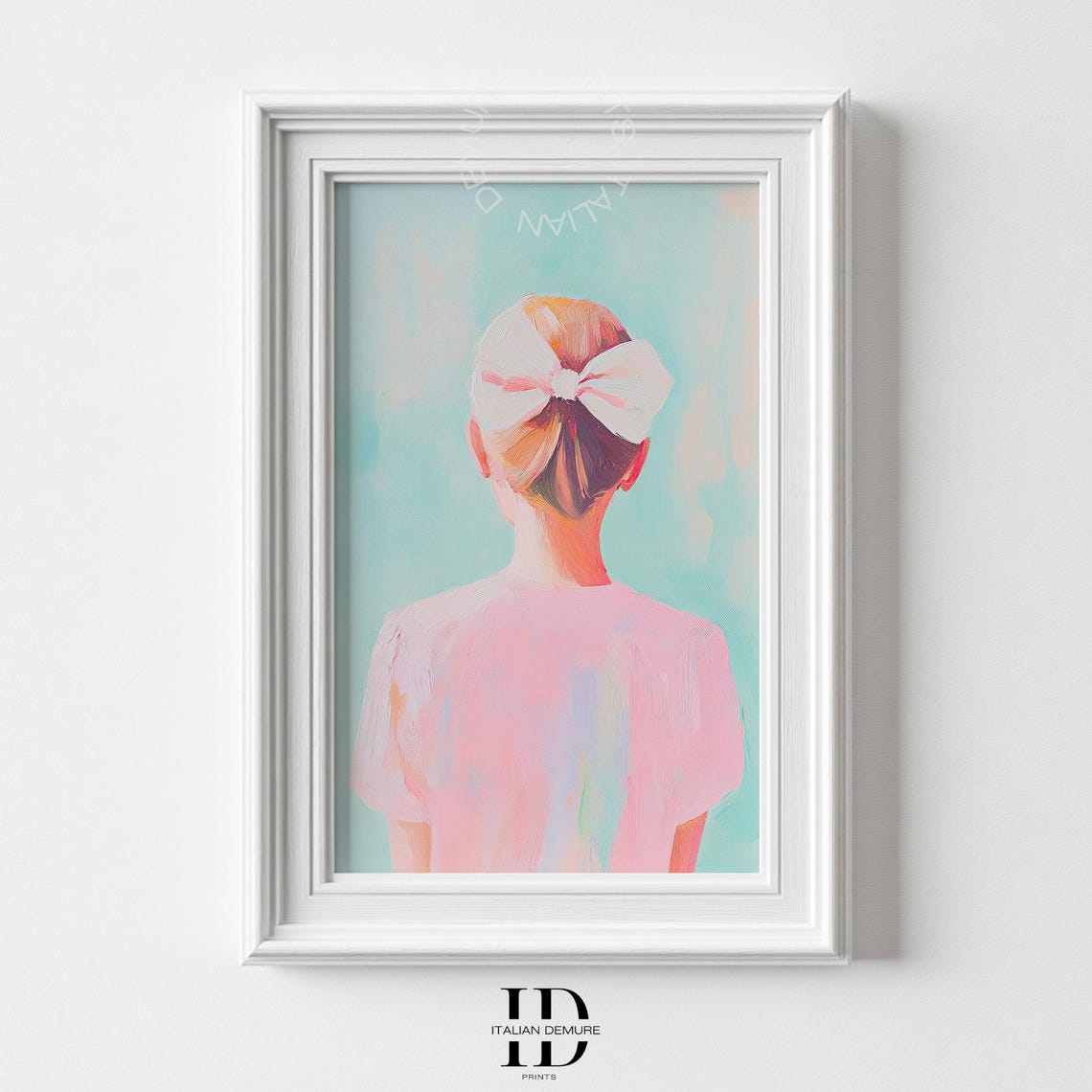 Girl With Big White Bow Back View Pastel Feminine Painting Poster