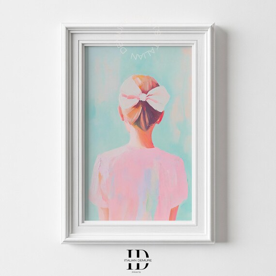 Girl With Big White Bow Back View Pastel Feminine Painting Poster