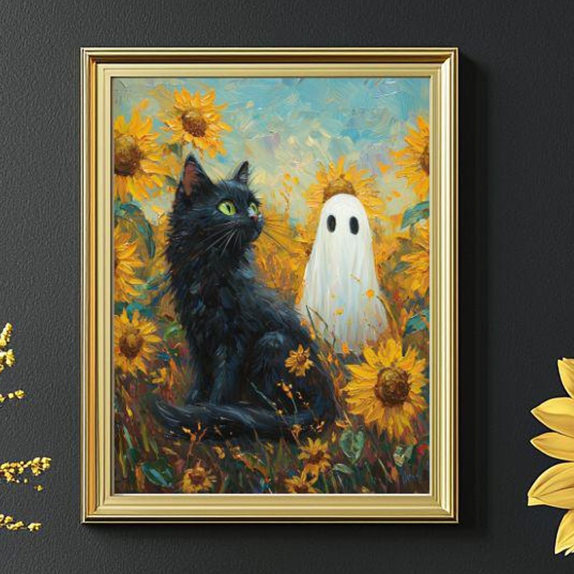 Black Cat and Ghost Standing in a Bright Sunflower Field Poster