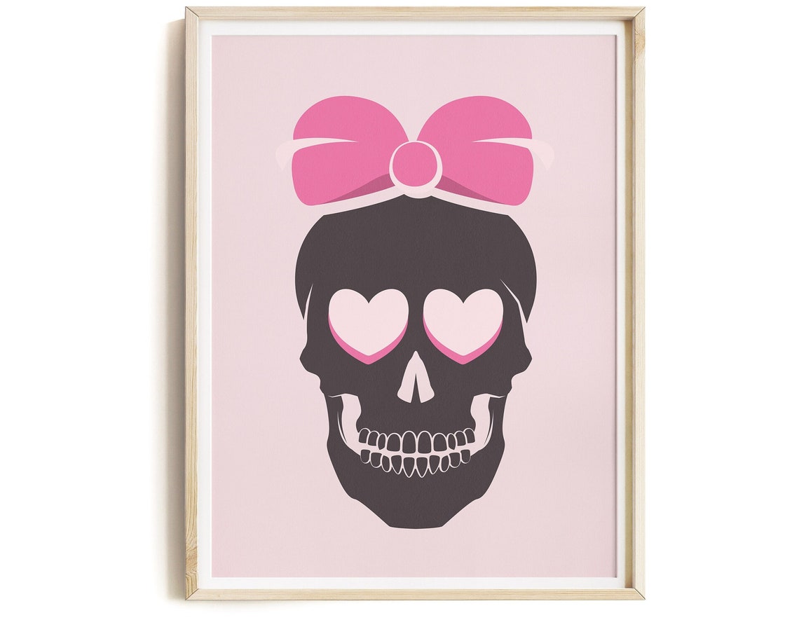 Pink Skull Heart Eyes Bow Cute Girly Gothic Halloween Poster - Image 3