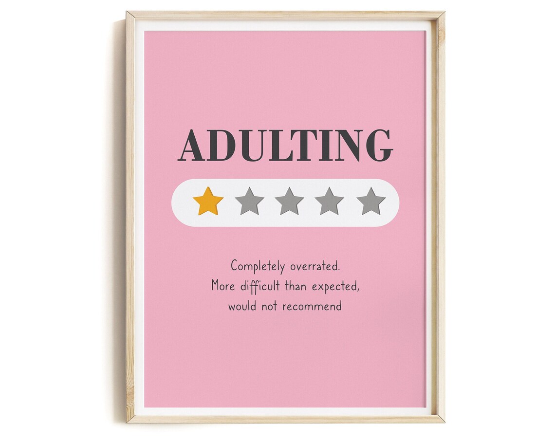 Adulting One Star Review Funny Office Quote Poster in Soft Pink