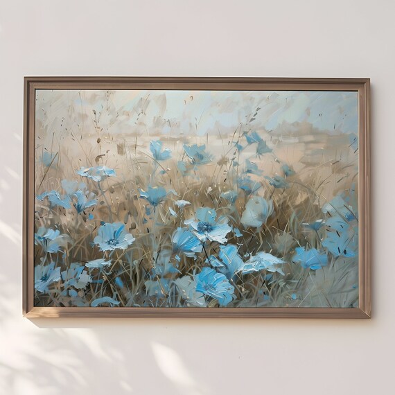 Blue Poppies Dancing in Neutral Beige Field Impressionist Poster