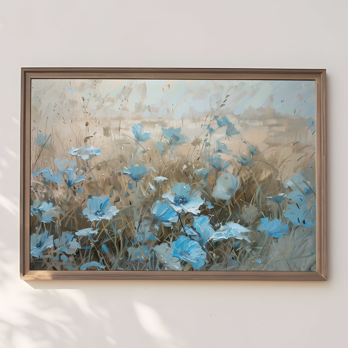 Blue Poppies Dancing in Neutral Beige Field Impressionist Poster