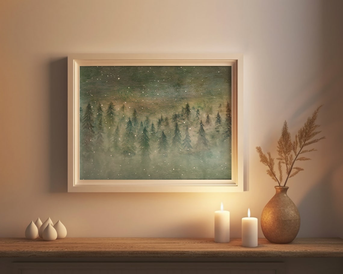 Snowy Pine Forest Falling Snow Winter Woodland Landscape Art Poster - Image 3