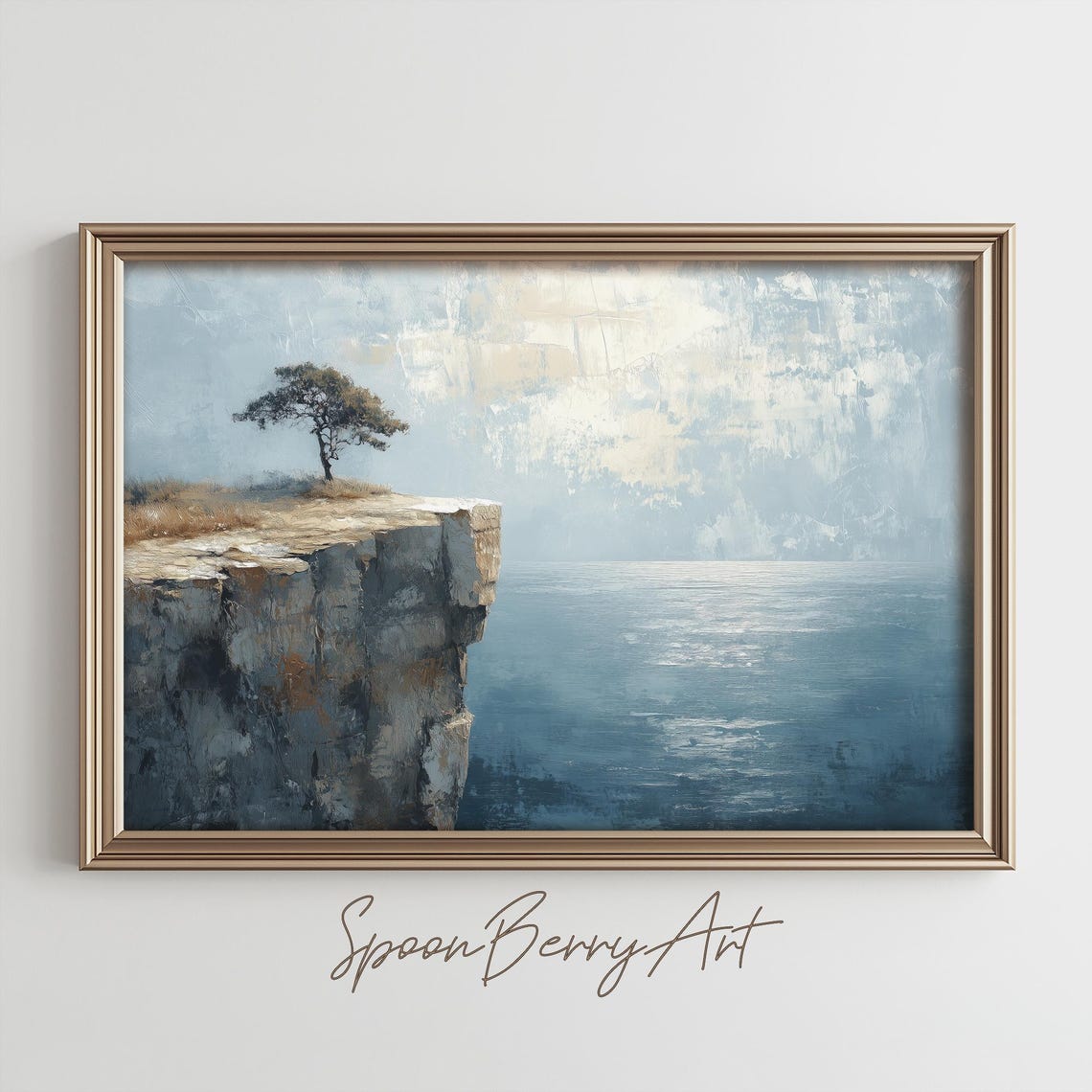 Lone Windblown Tree On Ocean Cliff Edge Over Blue Sea At Dawn Poster